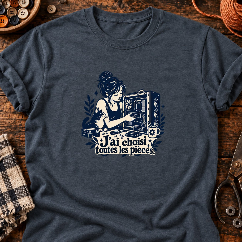 Montage PC et chat complice — T-shirt gris anthracite chiné