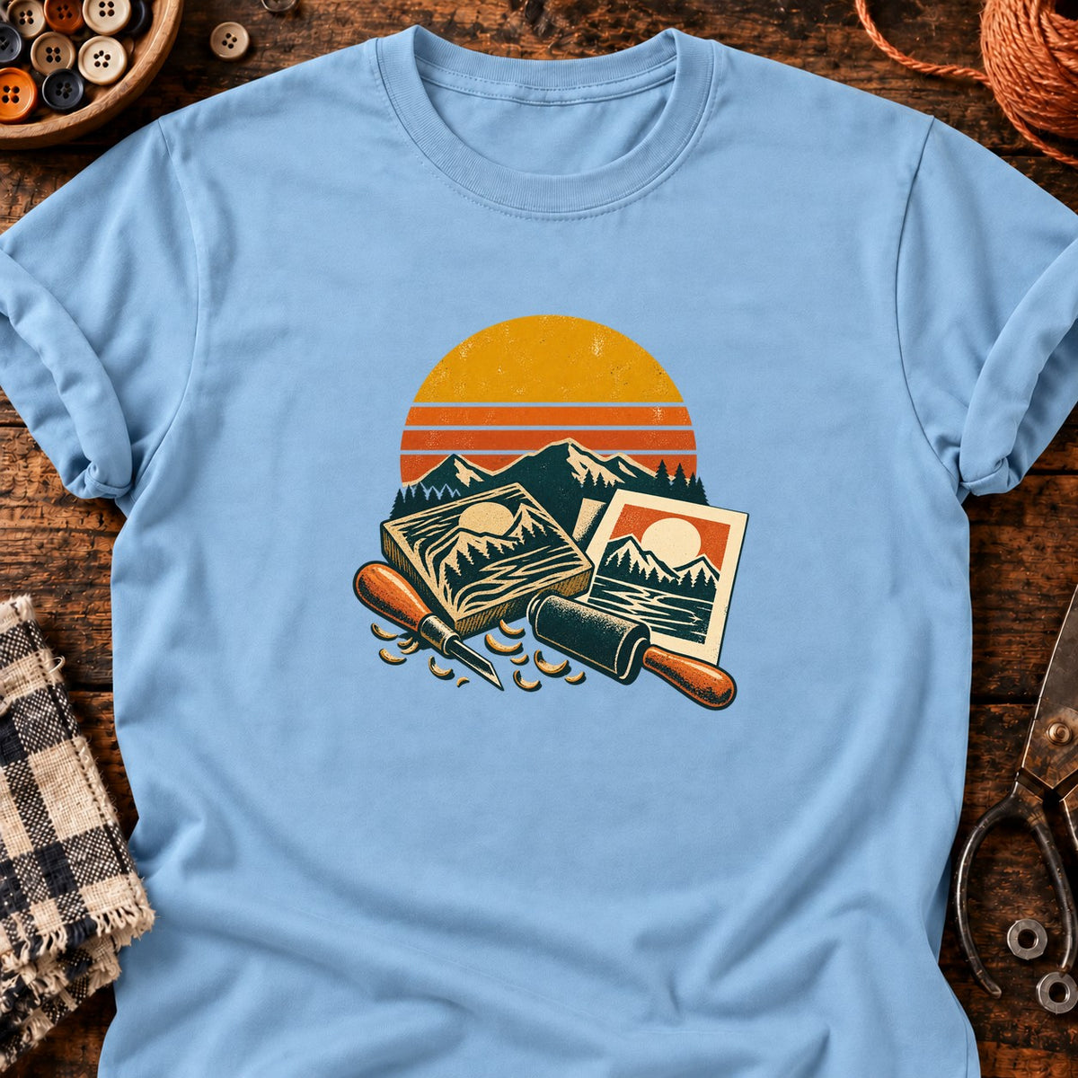 Kit de linogravure paysage coucher de soleil T-Shirt — T-shirt Light Blue