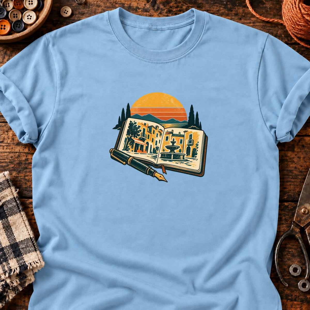 T-shirt Carnet de croquis urbains, coloris bleu clair