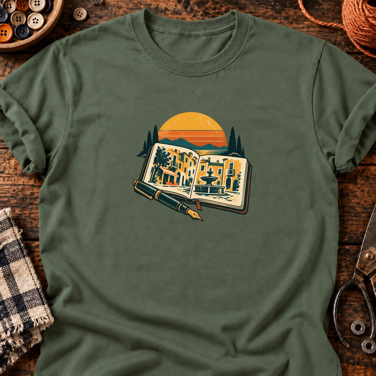 T-shirt Carnet de croquis urbains, coloris vert militaire