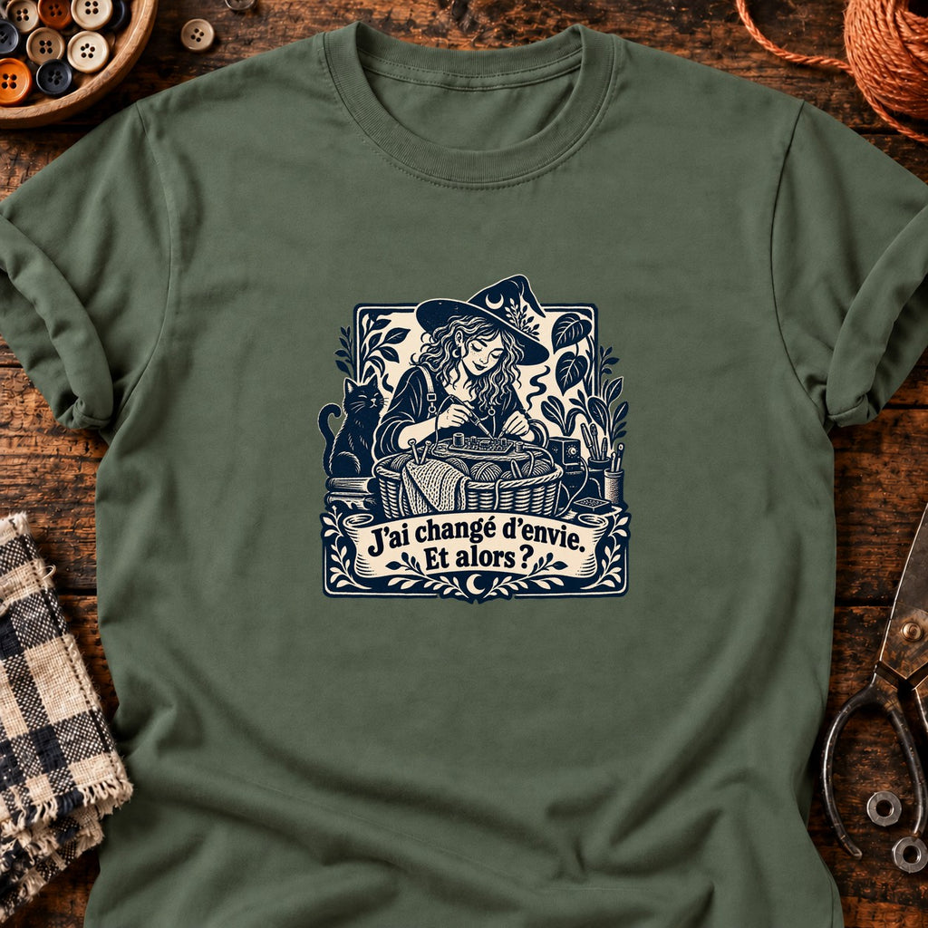 Sorcière bricoleuse et panier oublié — T-shirt vert militaire