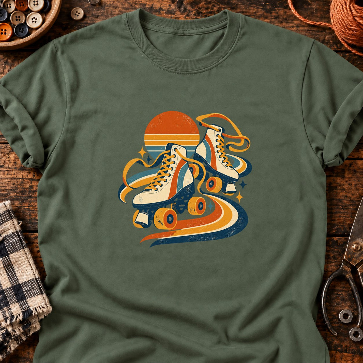 Patins à roulettes rétro géométriques — T-shirt vert militaire
