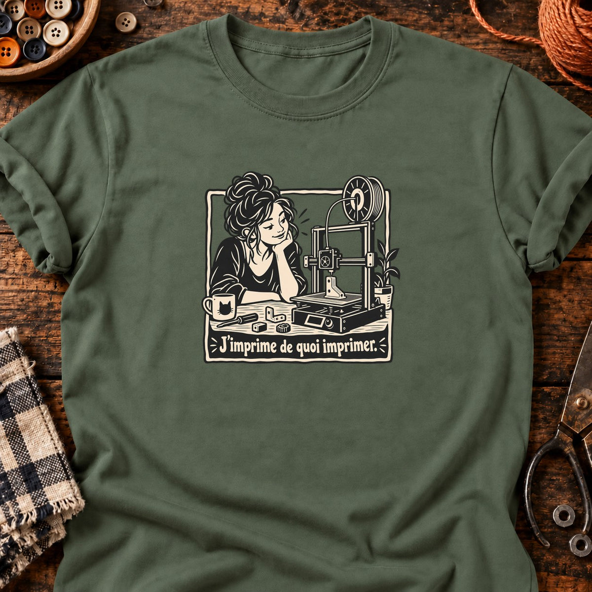 Femme et imprimante 3D J’imprime de quoi imprimer — T-shirt vert militaire
