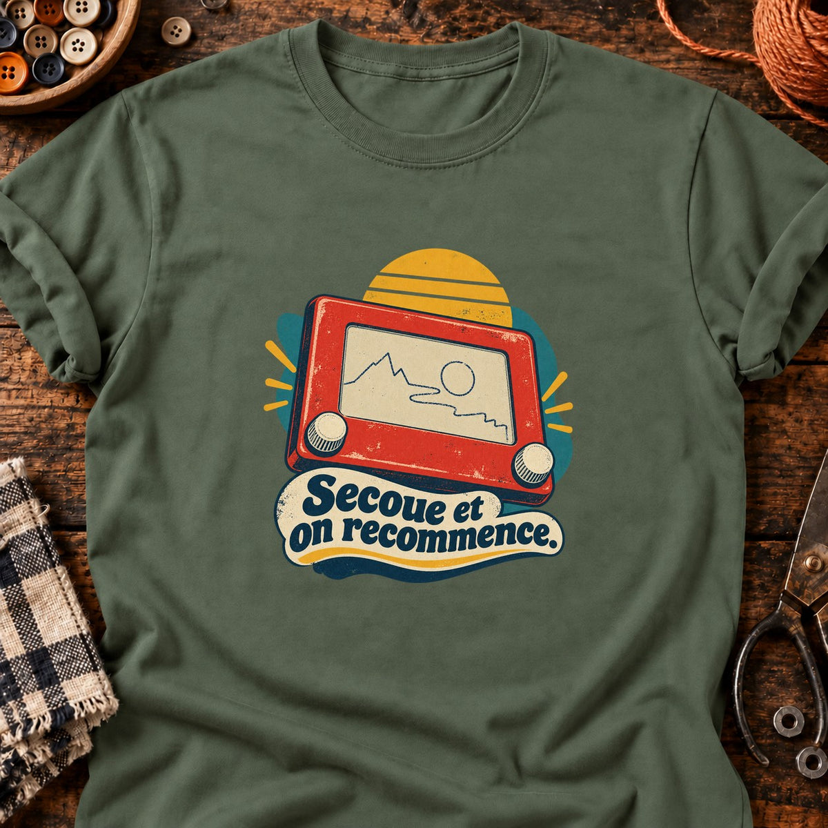 Jeu de dessin mécanique rétro — T-shirt vert militaire