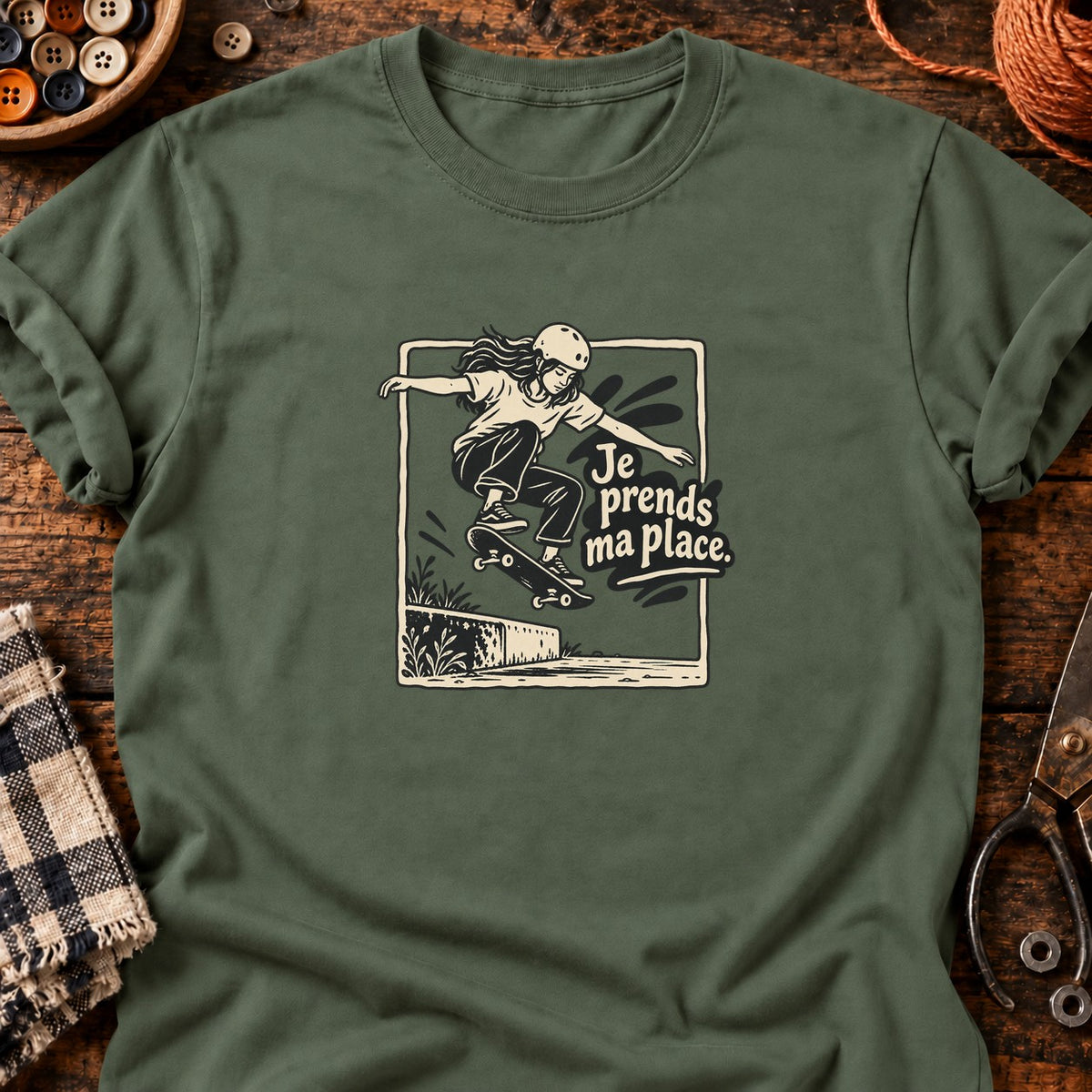 Skateuse en ollie Je prends ma place — T-shirt vert militaire