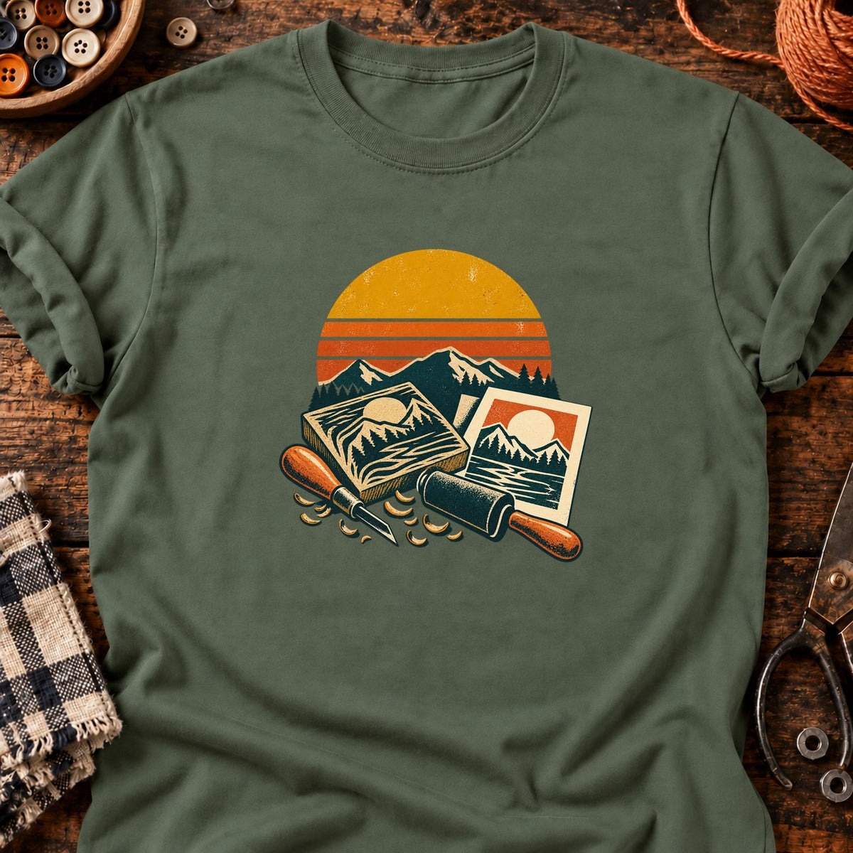 Kit de linogravure paysage coucher de soleil T-Shirt — T-shirt Military Green