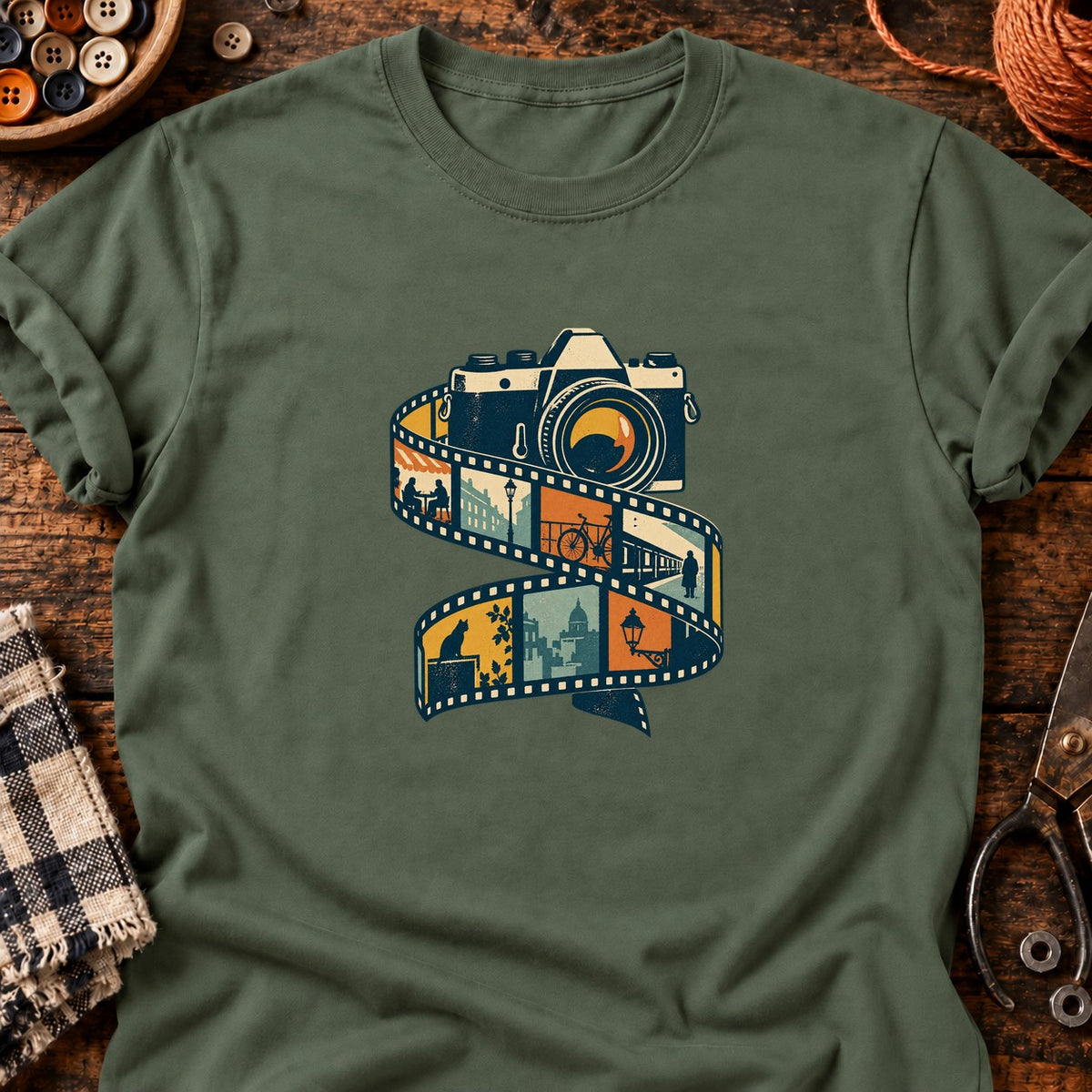 Appareil photo rétro et pellicule urbaine — T-shirt vert militaire