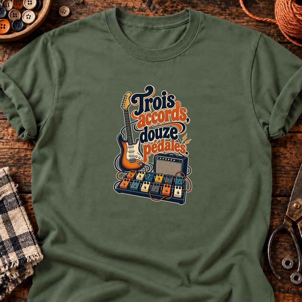 Trois accords, douze pédales. Guitariste vintage T-Shirt — T-shirt Military Green