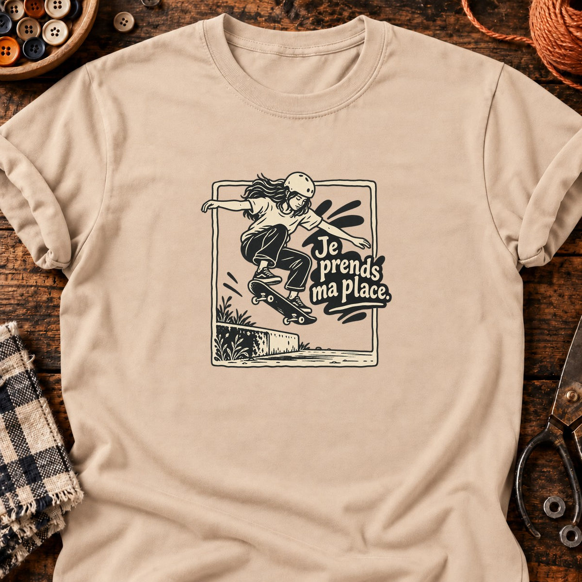 Skateuse en ollie Je prends ma place — T-shirt naturel