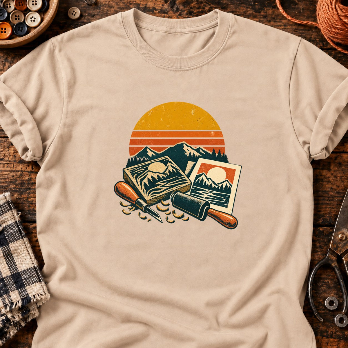 Kit de linogravure paysage coucher de soleil T-Shirt — T-shirt Natural
