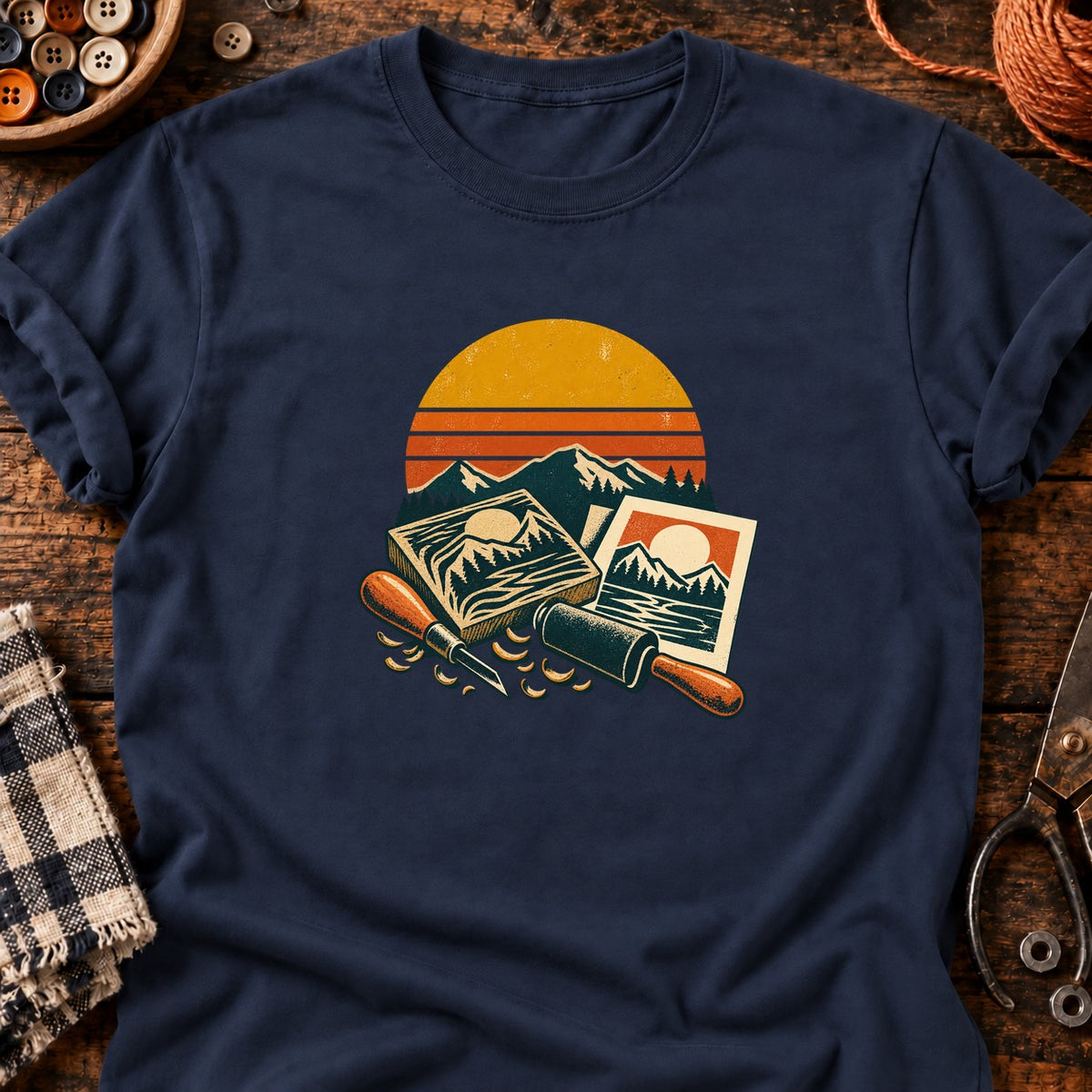 Kit de linogravure paysage coucher de soleil T-Shirt — T-shirt Navy