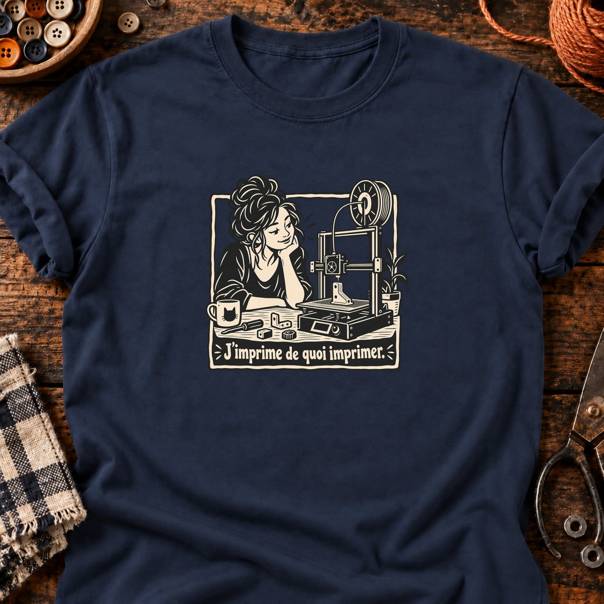 Femme et imprimante 3D J’imprime de quoi imprimer — T-shirt bleu marine