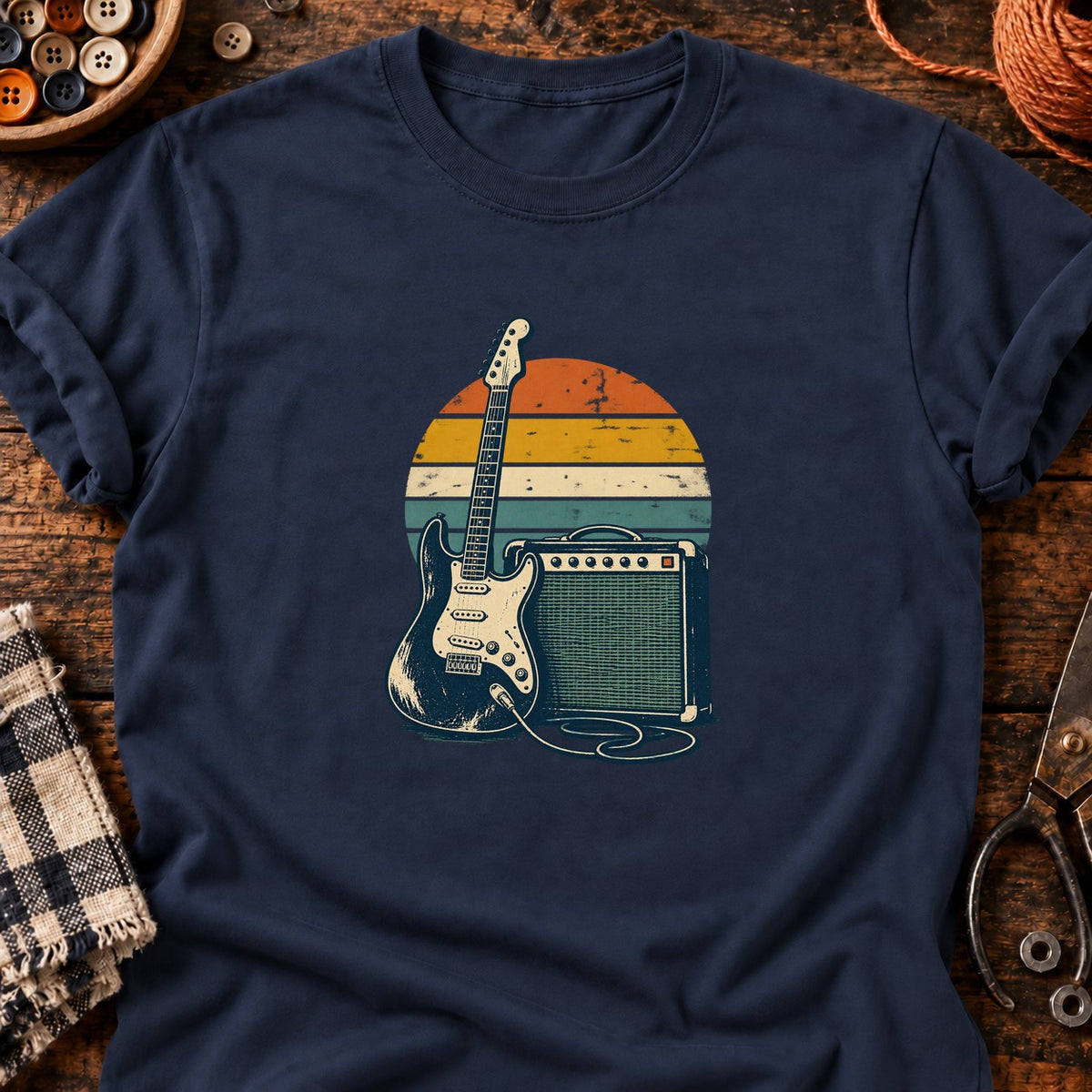 Guitare et ampli rétro — T-shirt bleu marine
