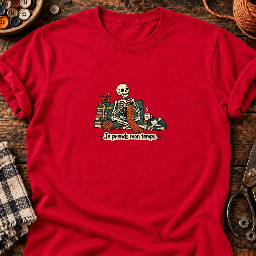 Squelette tricoteur — Je prends mon temps — T-shirt rouge