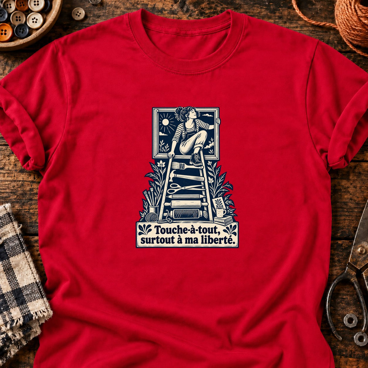 Femme libre sur échelle d’outils — T-shirt rouge