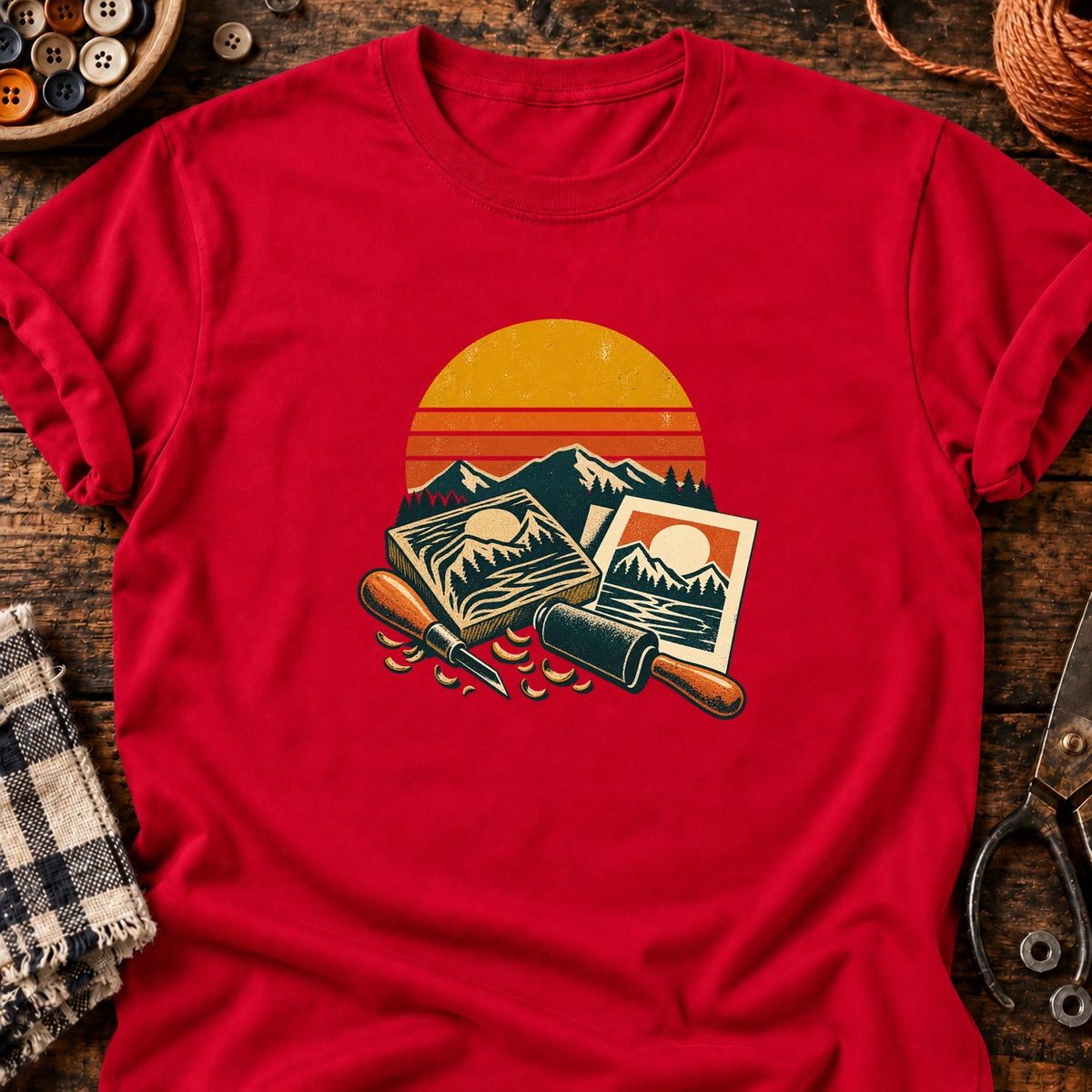 Kit de linogravure paysage coucher de soleil T-Shirt — T-shirt Red