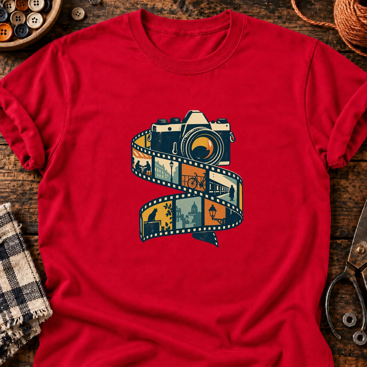 Appareil photo rétro et pellicule urbaine — T-shirt rouge