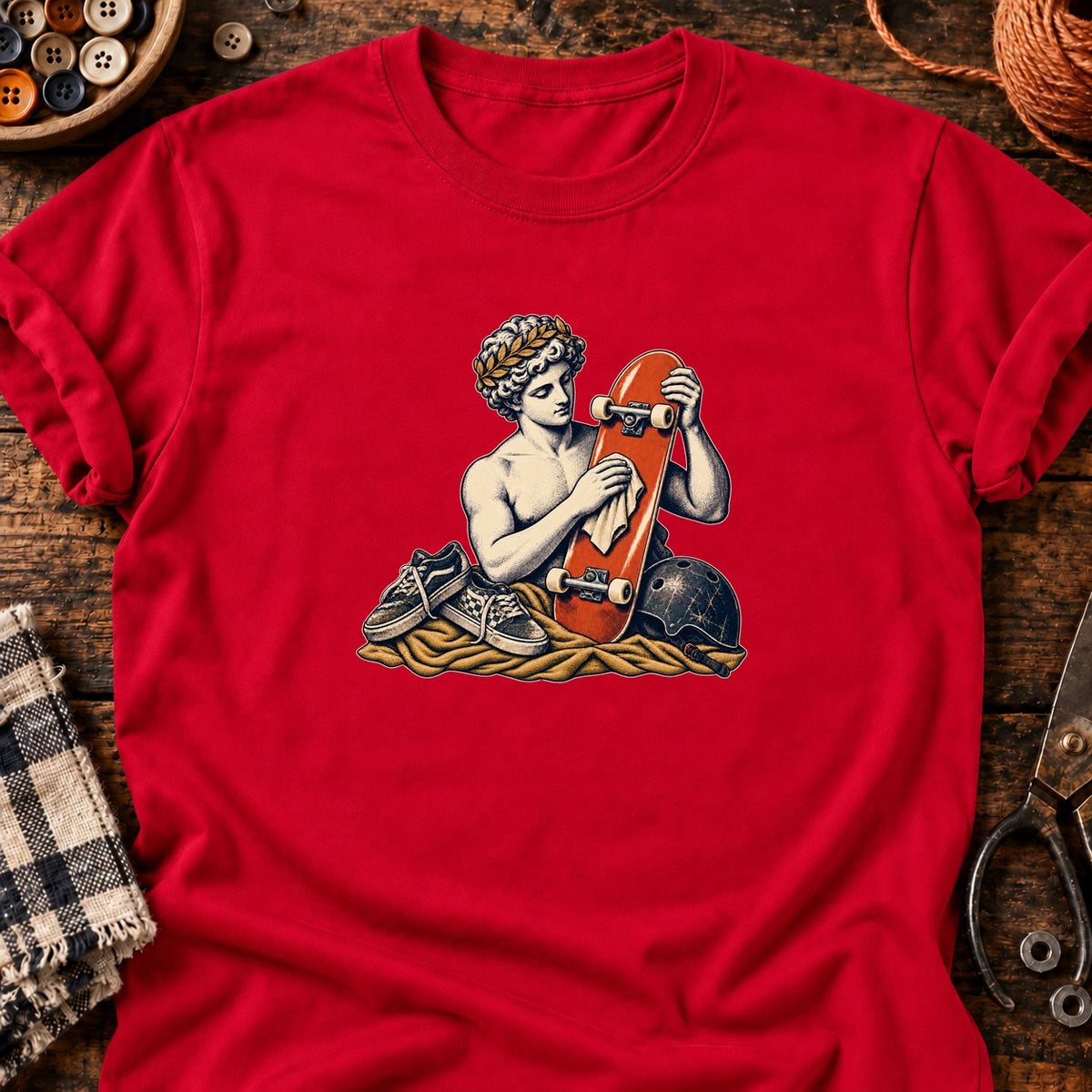 Skateur antique et chaussures usées — T-shirt rouge