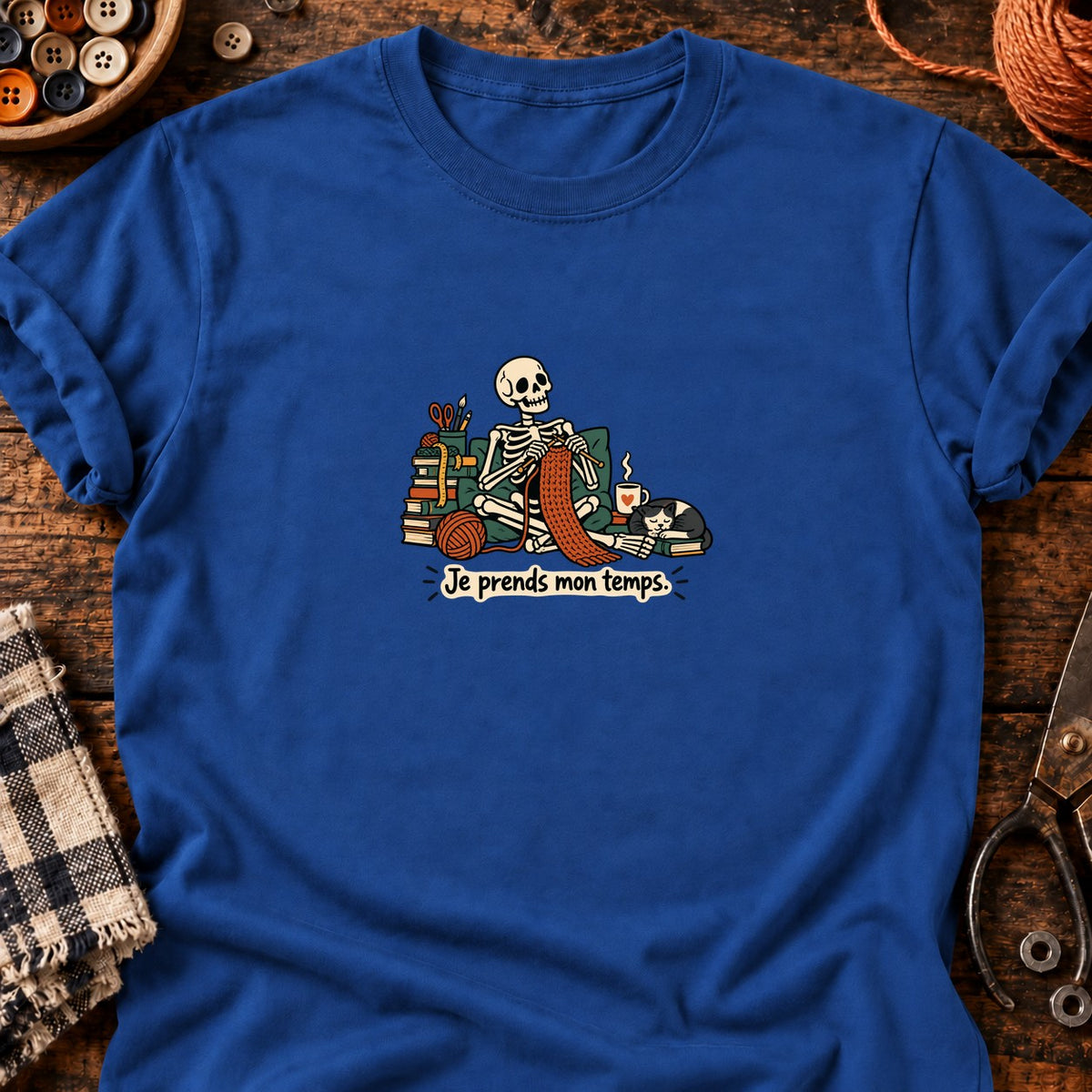 Squelette tricoteur — Je prends mon temps — T-shirt bleu roi