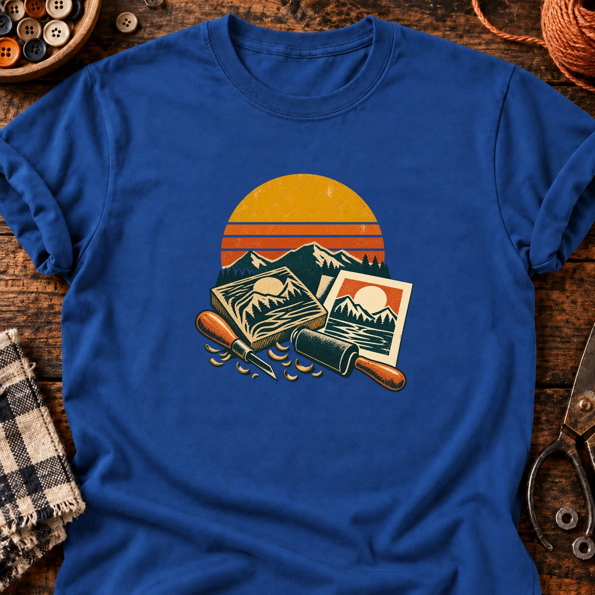 Kit de linogravure paysage coucher de soleil T-Shirt — T-shirt Royal
