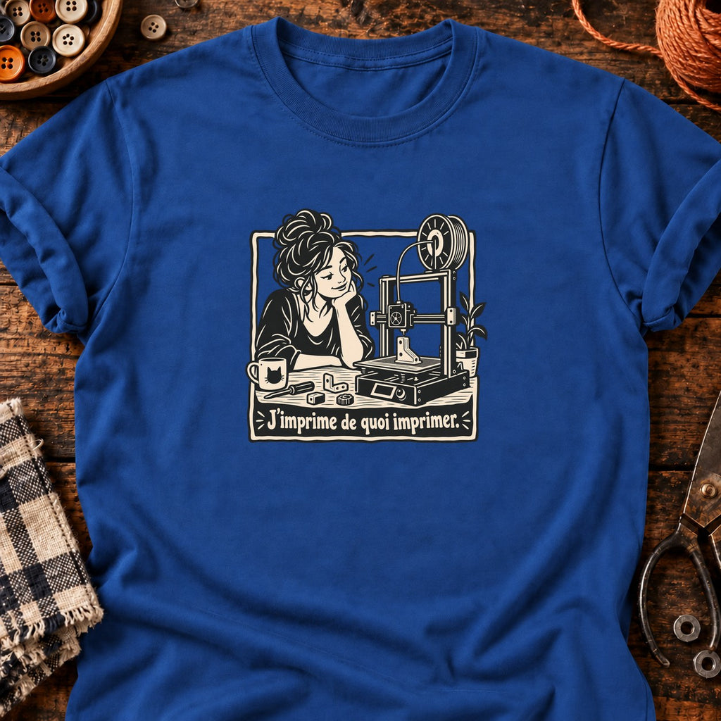 Femme et imprimante 3D J’imprime de quoi imprimer — T-shirt bleu roi