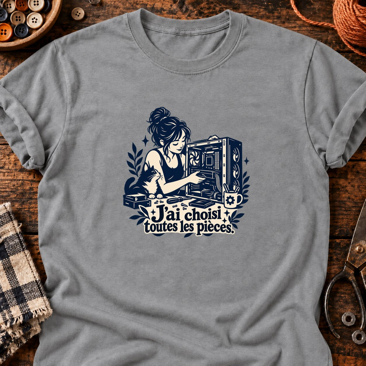 Montage PC et chat complice — T-shirt gris chiné