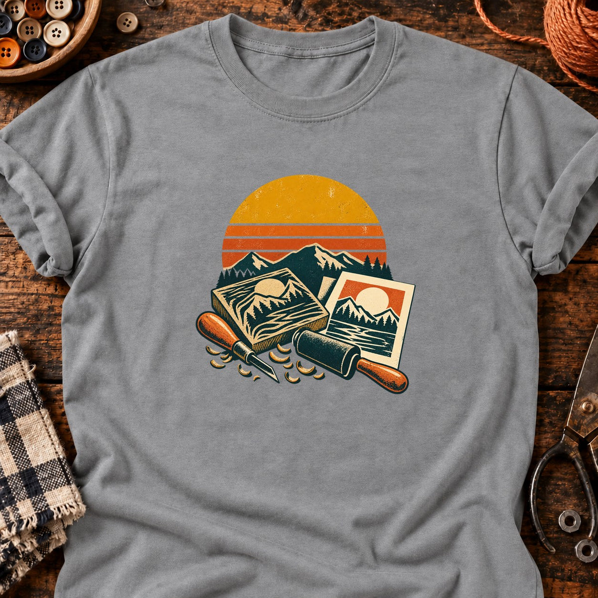 Kit de linogravure paysage coucher de soleil T-Shirt — T-shirt Sport Grey