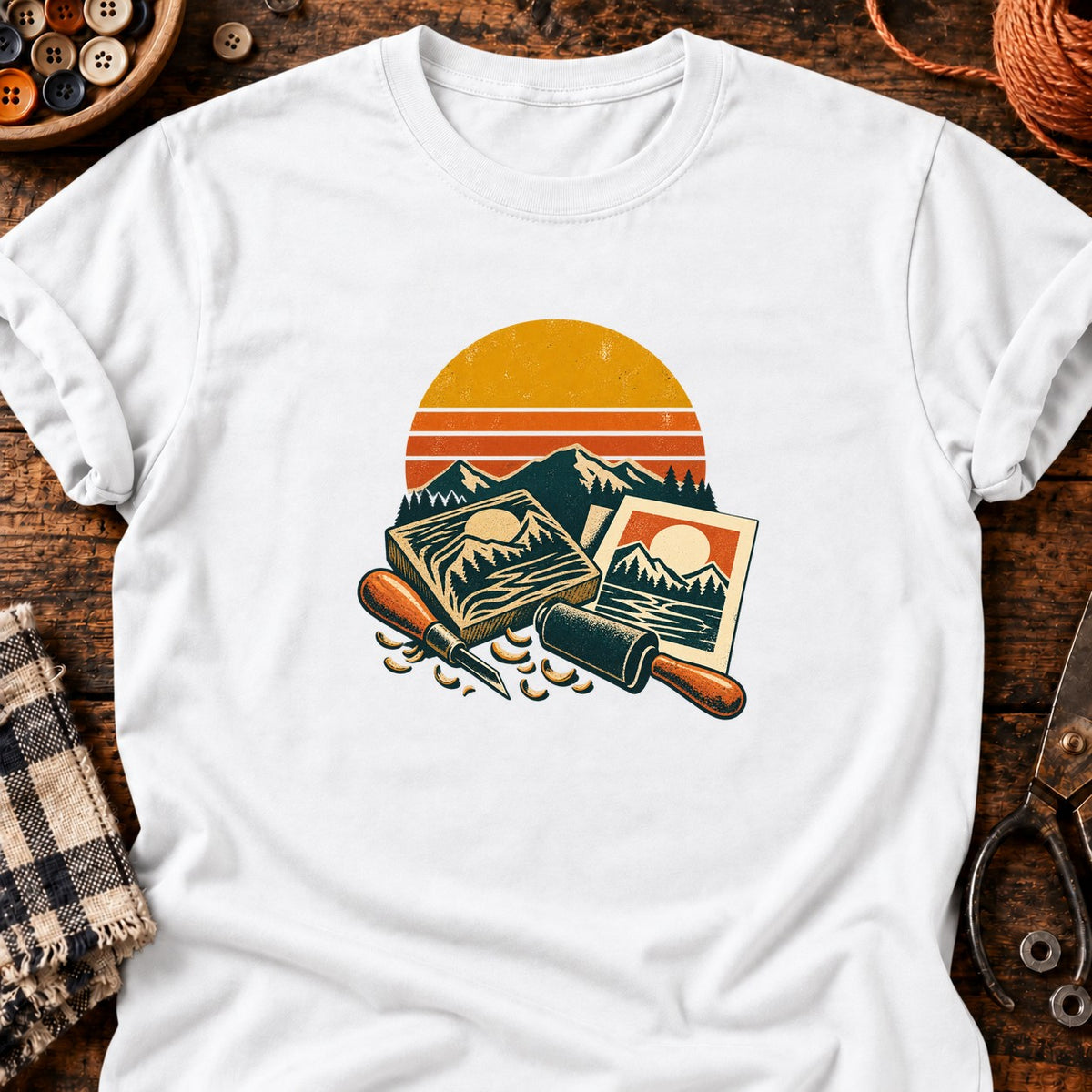 Kit de linogravure paysage coucher de soleil T-Shirt — T-shirt White
