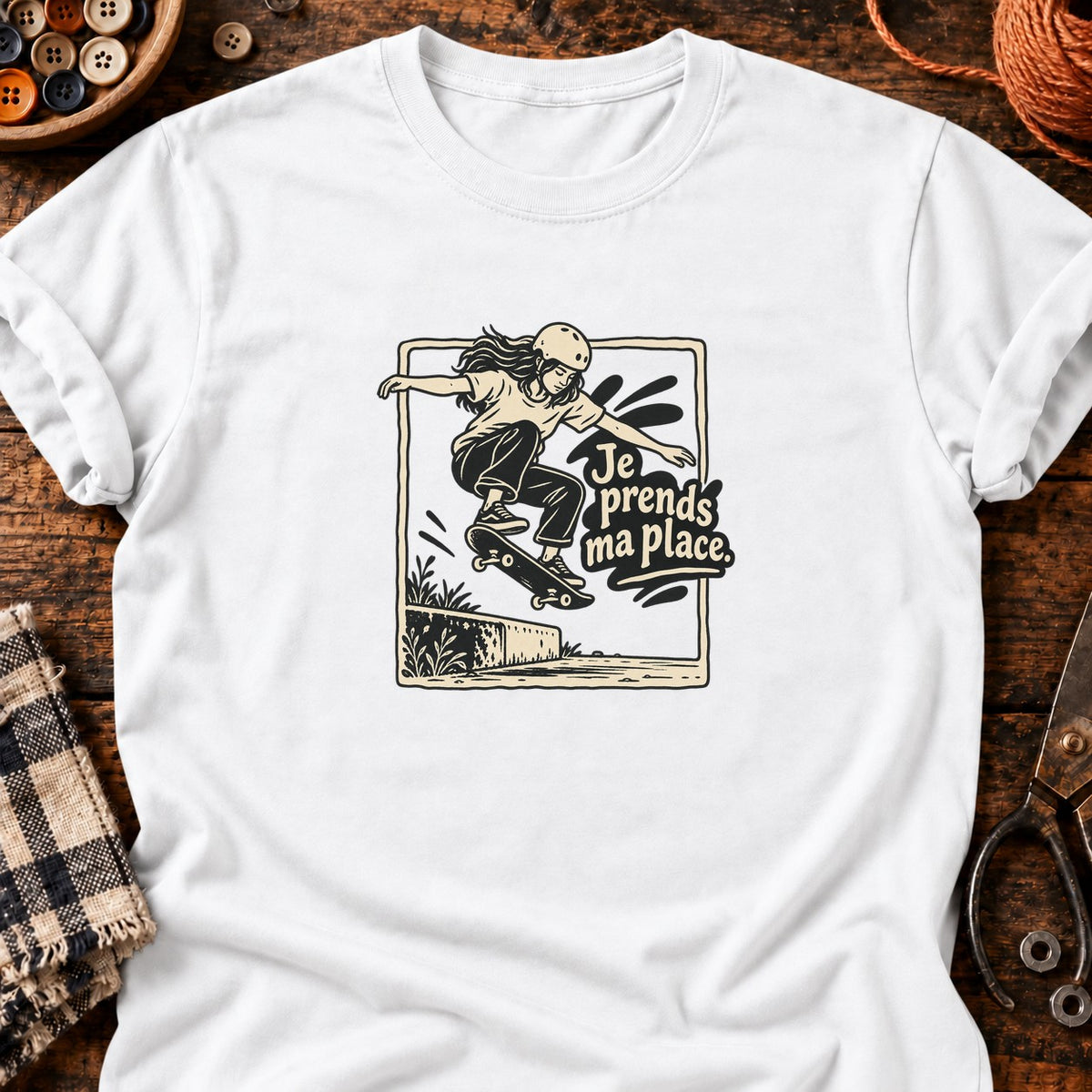 Skateuse en ollie Je prends ma place — T-shirt blanc