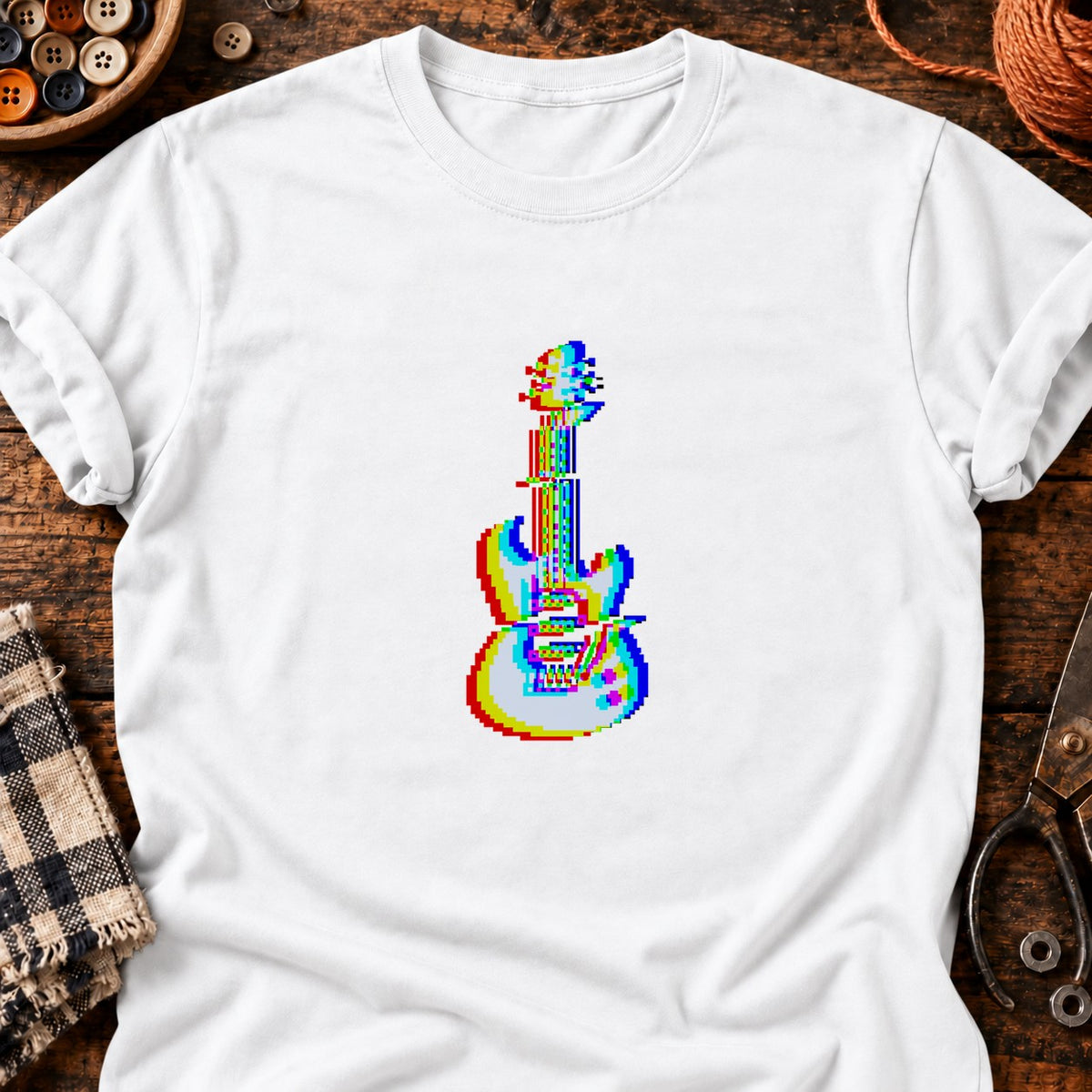 Guitare électrique, effet glitch — T-shirt blanc