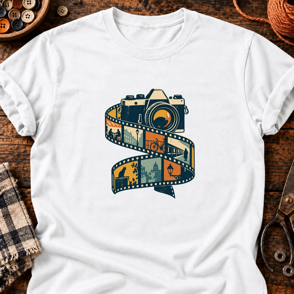 Appareil photo rétro et pellicule urbaine — T-shirt blanc