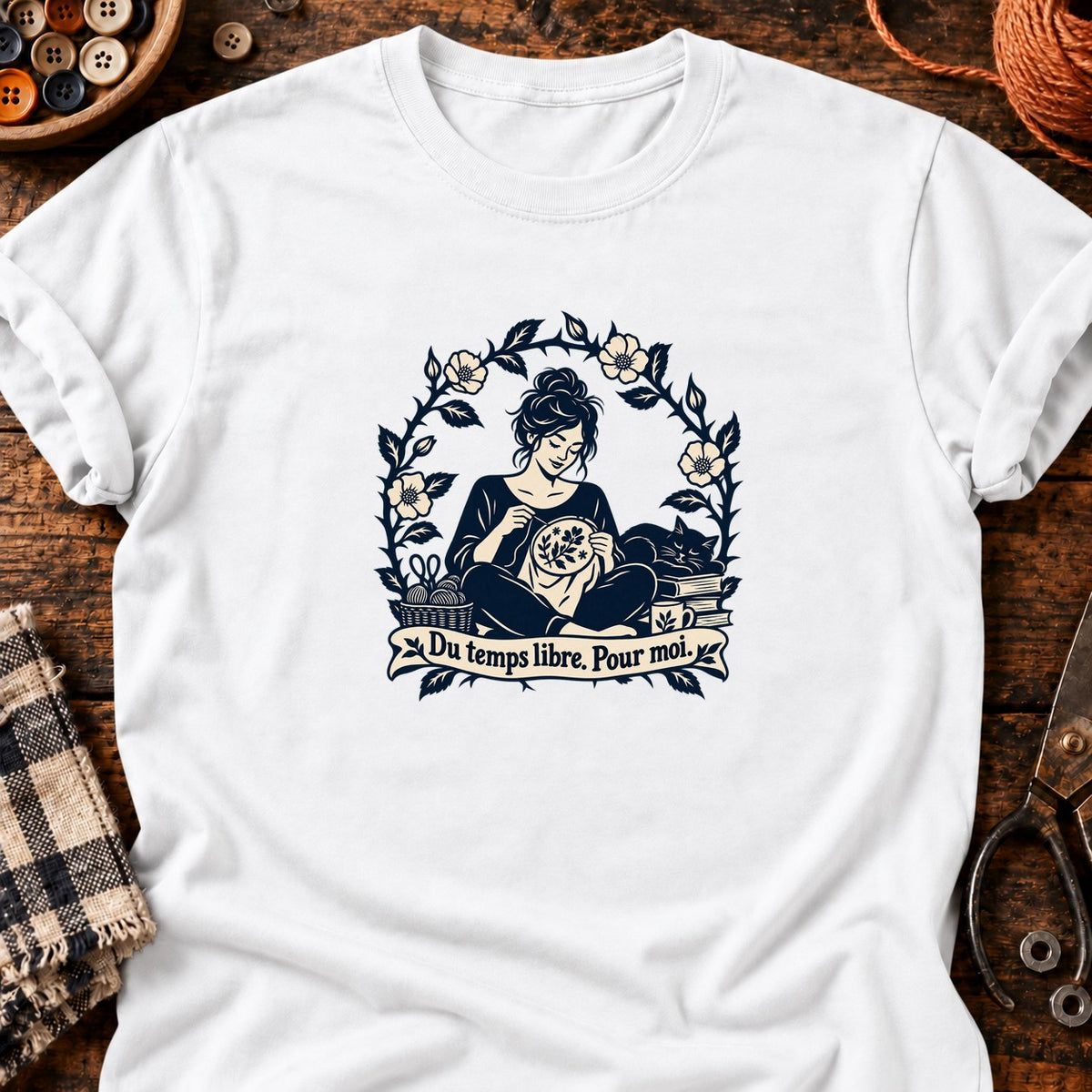 Du temps libre. Pour moi. — Broderie — T-shirt blanc