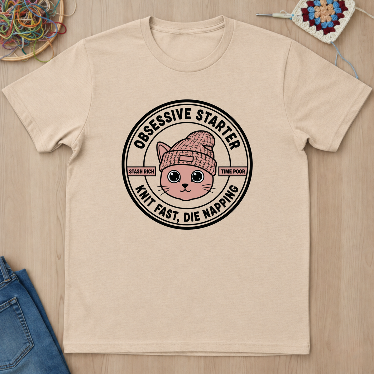 Cat Stamp Knit Fast Die Napping T-Shirt