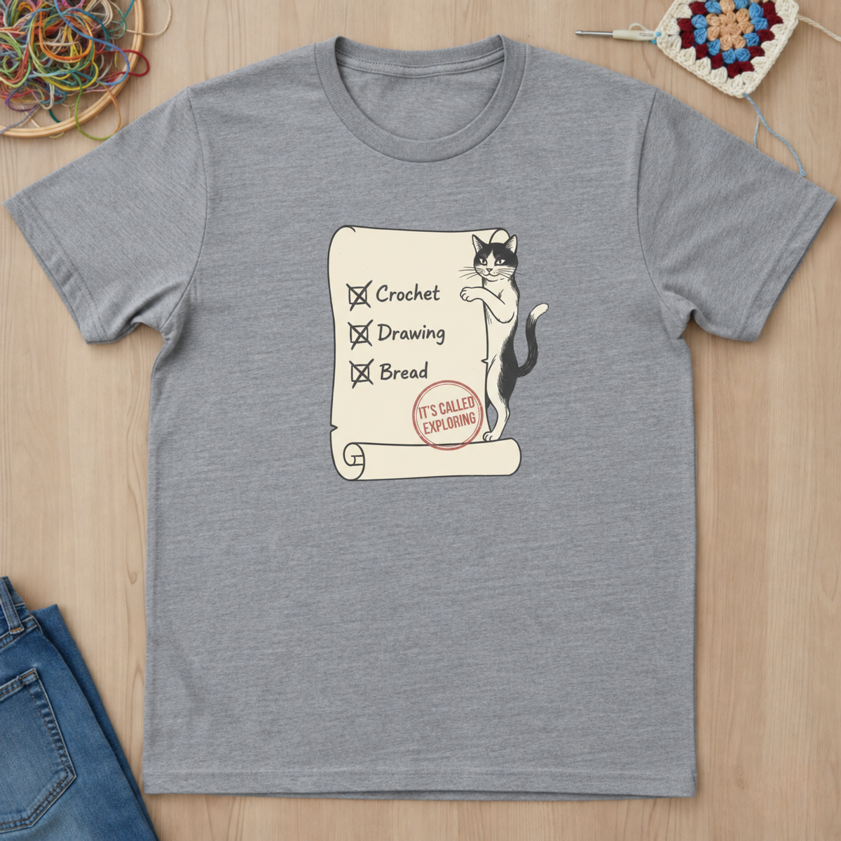 Cat Crochet Drawing Bread Exploring T-Shirt