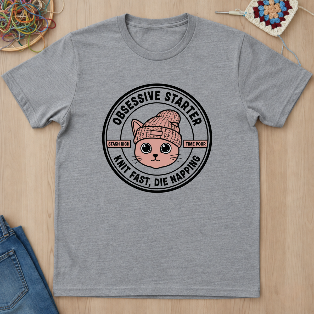Cat Stamp Knit Fast Die Napping T-Shirt