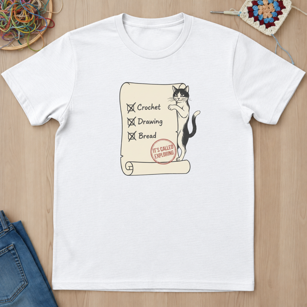 Cat Crochet Drawing Bread Exploring T-Shirt